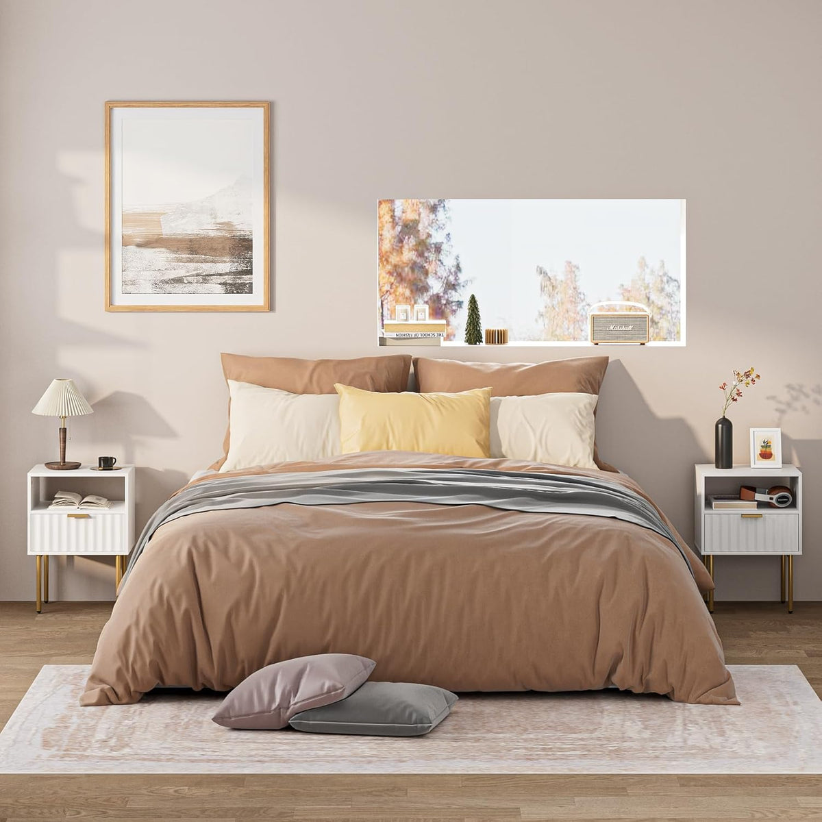 Night Stand,Modern Bedside Table with Drawer and Shelf,White Night Stand with Gold Frame,Small Side Table for Bedroom,Living Room