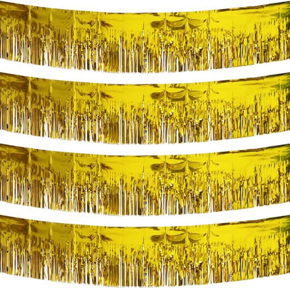 4 Pack Gold Total 40 Feet Foil Fringe Garland Metallic Tinsel Banner Wall Hanging Drapes Parade Float Skirting Decorations for Trailer Mardi Gras Party Birthday Wedding Baby Shower