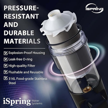 iSpring WSP100ARJ Spin-Down Sediment Water Filter, Upgraded Jumbo Size, Large Capacity, Reusable with Touch-Screen Auto Flushing Module, Brass Top Clear Housing, 100 Microns