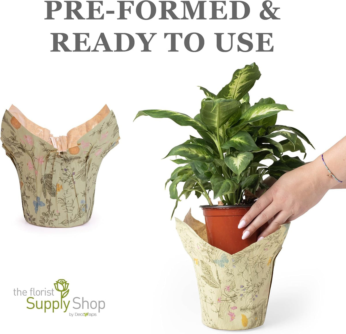 Premium 4.5” STD Plant Pot Covers, Decorative Plant Sleeve for Indoor & Outdoor House Plants, Reusable and Gift-Ready for Flower Pots, Green-Print, Pack of 5