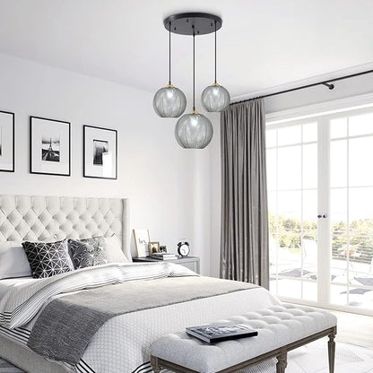 KCO Lighting 3-Lights Smoke Gray Glass Pendant Light Black Globe Round Cluster Chandelier Mid-Century Modern Multi Light Pendant Lighting Nordic Kitchen Island Light Fixture