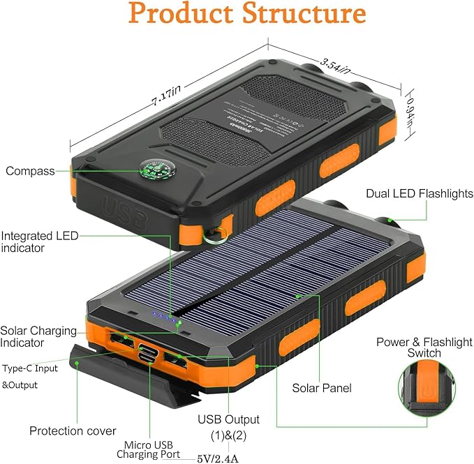 Solar Charger, 38800mAh Portable Type-C Solar Power Bank for All Cellphones, Waterproof Battery Pack, Outdoor External Backup Power Charger Three Outputs/LED Flashlights, Perfect for Camping Travel