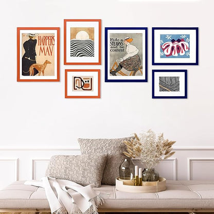 KINLINK 6x8 Picture Frame Orange, Solid Wood Frames with Acrylic Plexiglass for Pictures 4x6 with Mat or 6x8 without Mat, Tabletop and Wall Display Photo Frame, Set of 4