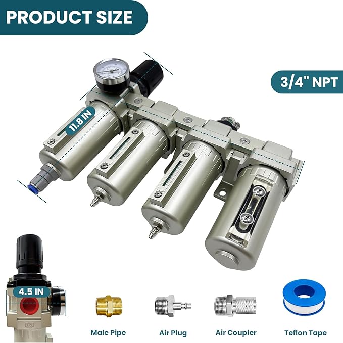 Upgraded 3/4" NPT Industrial Grade 4 Stage Air Drying System, Particulate Filter, Coalescing Filter, Desiccant Dryer & Air Regulator - for Plasma Cutter, Paint Spray, 3Filter&1Dryer System，Auto Drain