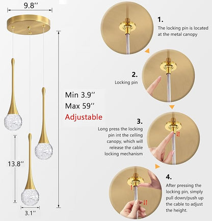 cenzoz 3-Lights Modern Pendant Lights for Kitchen Island LED Dimmable Crystal Glam Ceiling Pendant Lighting Chandelier for Dining Room Hallway Bedroom Corner Lamp Antique Gold