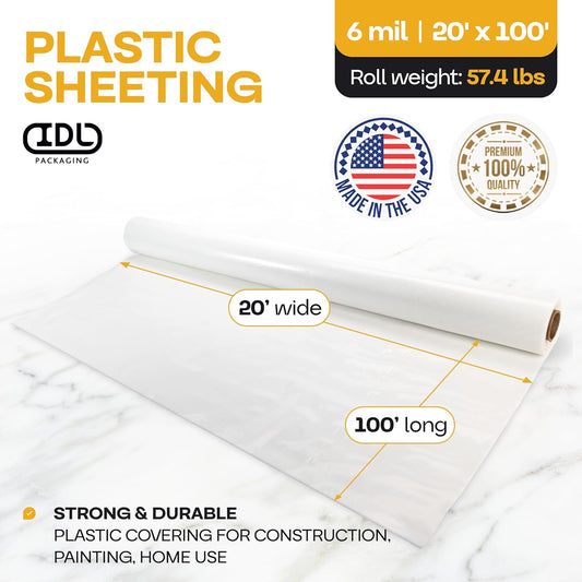 Plastic Sheeting 6 mil, 20' x 100' (2000 sq. ft.) - Semi-Clear Thick Plastic Covering for Construction & Painting - Durable LDPE Film Roll - Plastic Rolls Heavy Duty Outdoor by IDL Packaging