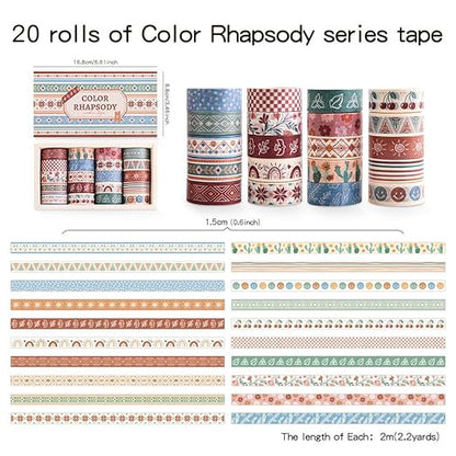 20 Rolls Bohemia Theme Washi Tape Set,Writable Decorative Tapes for Scrapbooking, Bible Journaling, Bullet Journaling, 0.6"x79" per Roll