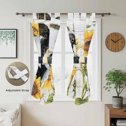 Retro Farmhouse Floral Bathroom Curtains 63 Inch Length, Window Curtains Tab Top, Yellow Sunflowers Cows Butterfly Wood Light Filtering Window Treatments Drapes 52"x63" 2 Panel