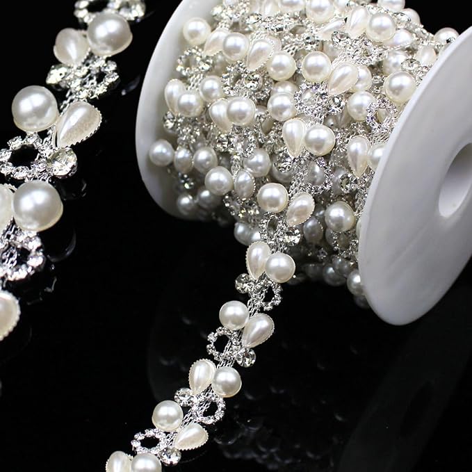 2 Yard Pearl Chain Silver Rhinestone Trim String Crystal Applique Fringe Ribbon Strips Beads Sewing Dress DIY Party Wedding Bouquet for Decoration Bridal Costume Embellishment