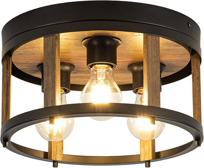 MAYNA 3-Light Retro Farmhouse Flush Mount Round Vintage Metal and Wood Ceiling Light Fixtures, Rustic Ceiling Lamp for Kitchen, Hallway, Entryway, Bedroom, Dining Room