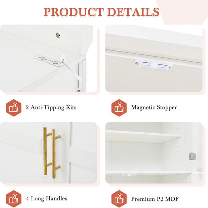 71" Kitchen Pantry Storage Cabinet, Freestanding Farmhouse Pantry Cabinet with 4 Doors, 2 Door Shelves, 8 Pull-Out Trays and Adjustable Shelf for Kitchen, Dining Room (White)