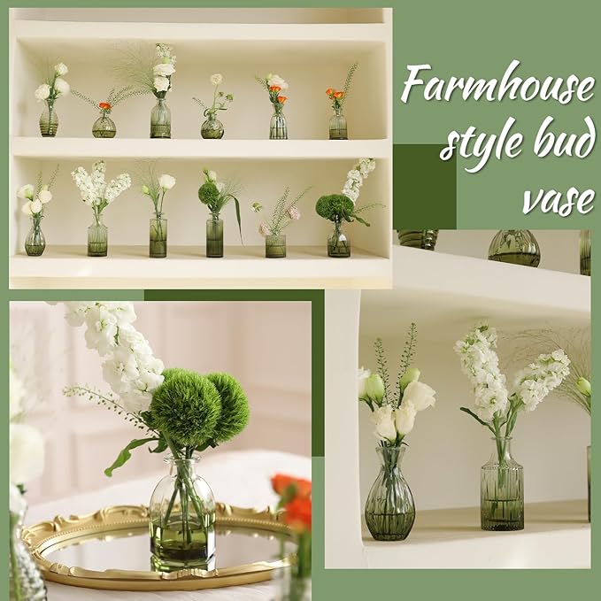 Green Bud Vases Set of 12, Green Glass Vase for Decor, Small Vases for Flowers Ribbed Flower Vase Stripe Bud Vases in Bulk Wedding Birthday Bridal Shower Centerpieces Home Table Decoration