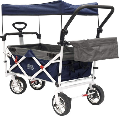Creative Outdoor Collapsible Stroller Wagon with Seat Belts & Adjustable Handle – Foldable Utility Cart with Removable Canopy for Kids, Gear & Travel – Ideal for Beach, Park & Outdoor Fun - Navy Blue