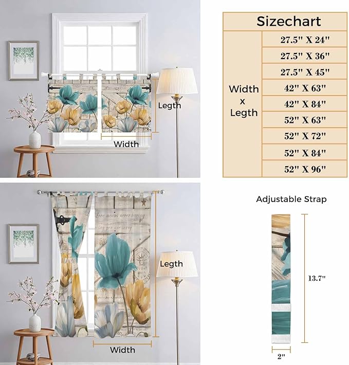 Watercolor Flowers Bedroom Curtains 72 Inch Length, Window Curtains Tab Top, Vintage Tulips Floral Barn Doors Wood Grain Light Filtering Window Treatments Drapes 52"x72" 2 Panel
