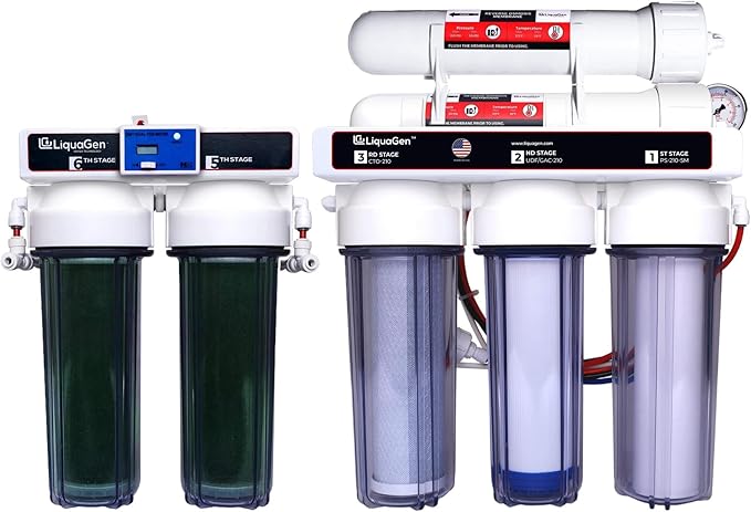 LiquaGen - 6 Stage Heavy Duty - 0 TDS/PPM Reverse Osmosis/Deionization Aquarium Reef Water Filter System | Ultimate Purification RO/DI Machine w/Dual Deionization Canisters (200 GPD WSK)