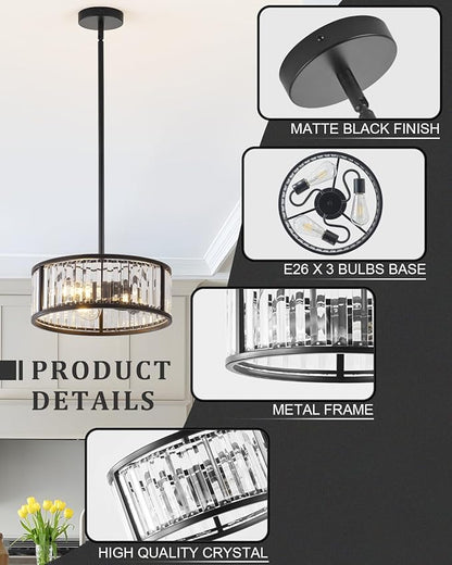Black Flush Mount Ceiling Light, 2- Light Caged Crystal Chandelier, Small Drum Hallway Light fixtures Ceiling Mount (14 INCH Black Pendant Light(3-Light))