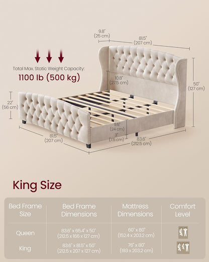 VASAGLE King Platform Bed Frame, Upholstered, Wooden Slats