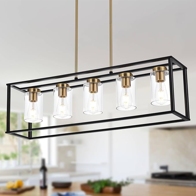 VINLUZ Farmhouse Chandeliers for Kitchen Island with Clear Glass Shade Black and Brushed Brass 5 Light Dining Room Lighting Fixtures Hanging, Rectangle Pendant Lights Industrial Ceiling Light