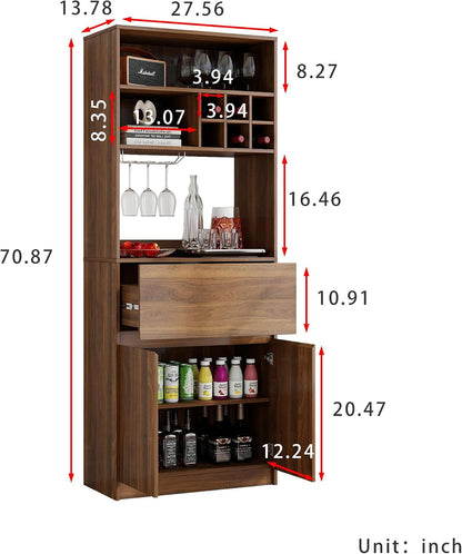 KEIKI 70.87" H Tall Kitchen Pantry Wine Bar Storage Cabinet with Countertop, Wine Rack, Glass Holder, Drawers, Wood Freestanding Hutch Food Pantries Cupboard for Coffee, Dining Living Room