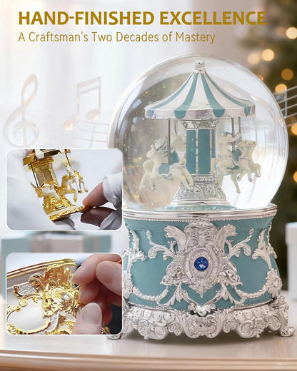 Reindeer Carousel Snow Globe Music Box - Wind Up Musical Christmas Valentines Day Ornament with Silver Blue Design, Romantic Indoor Christmas Decorations, Festive Gift for Couples, Kids & Adults