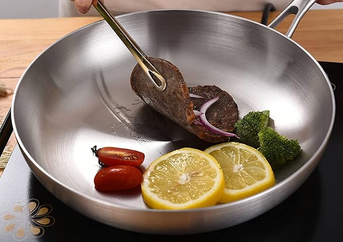 LOLYKITCH 12 Inch Tri-ply Stainless Steel 5.5 QT Sauté Pan and 8-10 Inch Frying Pan Set of 3,Induction Cookware,Dishwasher and Oven Safe.