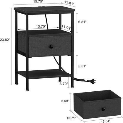 VECELO Nightstands with Charging Station Set of 2,Bedside Tables with Storage Shelf&Fabric Drawer,End Tables for Bedroom,Living Room,Small Spaces,Black
