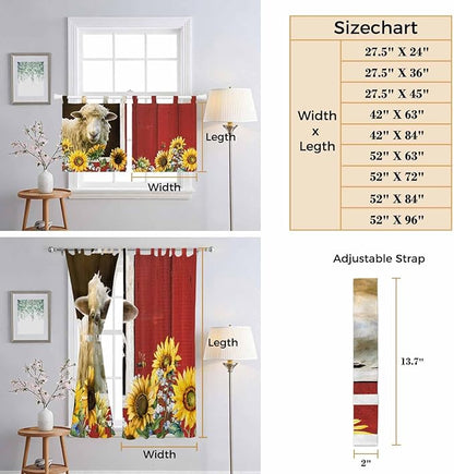 Sheep Flowers Living Room Curtains 84 Inch Length, Window Curtains Tab Top, Country Red Barn Botanical Sunflowers Light Filtering Window Treatments Drapes 52"x84" 2 Panel