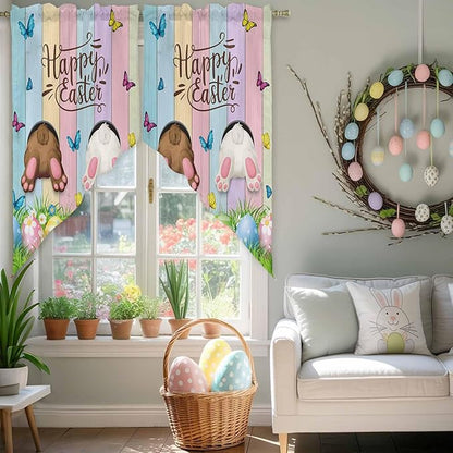 Swag Curtain Valances for Kitchen Windows,Happy Easter Rabbit Butt Egg on Daisy Leaf Short Rod Pocket Window Valance,Bufferfly on Wood Barn Swag Topper for Bedroom Living Room,2 Panels 36x36in