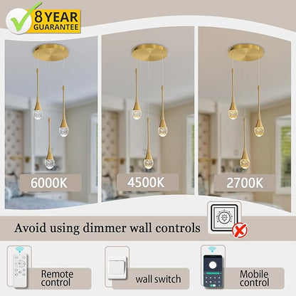 3-Light Gold Chandelier with Dimmable Ceiling Light Crystal Pendant Light for Kitchen Island, Dining Room, Living Room, Entry Hallway