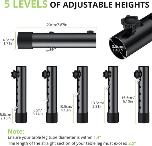 4Pack Folding Table Leg Extenders, 5 Levels Adjustable Height Rise Up to 6.1” Heavy Duty Steel Table Risers for Straight and Bent Legs Under 1.4" Diameters, Black