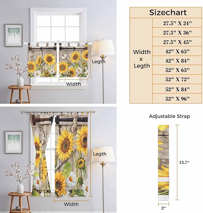Farmhouse Sunflowers Kitchen Curtains 36 Inch Length, Small Window Curtains Tab Top, Rustic Barn Doors Flowers Butterfly Wooden Light Filtering Short Window Treatments Tier Drapes 27.5"x36" 2 Panel