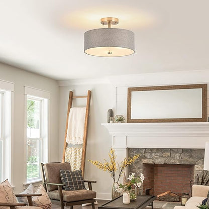 3-Light Semi Flush Mount Ceiling Light Fixture, 13" Modern Drum Light with Grey Fabric Shade, Close to Ceiling Lighting Hanging Lamps for Bedroom Living Room Dining Room Kitchen Hallway