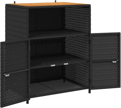 Outdoor Storage Cabinet with Acacia Wood Top, Black Poly Rattan Sideboard with 3 Shelves, Weather-Resistant Garden Organizer for Patio, Backyard, and Indoor Use 27.5 x 20 x 34 Inches