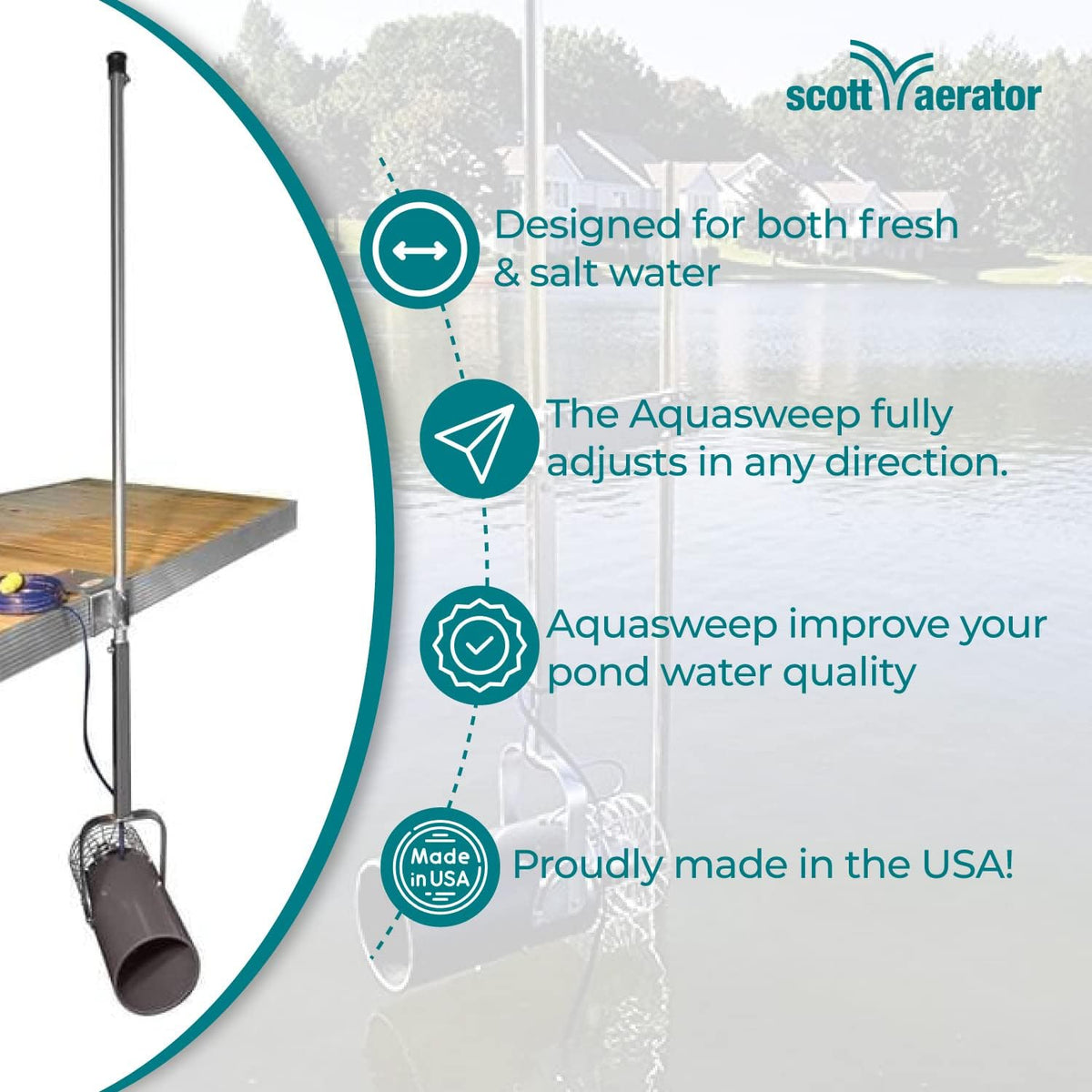 Scott Aerator Aquasweep Dock Truss Mount - 1/2 Horse Power 115V 100 Feet Cord - Water Circulator | Water Agitator | Water Mover