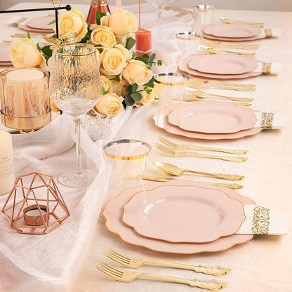 NOCCUR 175PCS Pink Plates with Gold Disposable Silverware - Include 50 Pink Plastic Plates,25 Knives,25 Forks,25 Spoons,25 Cups and 25 Napkins - Ideal for Wedding/Party