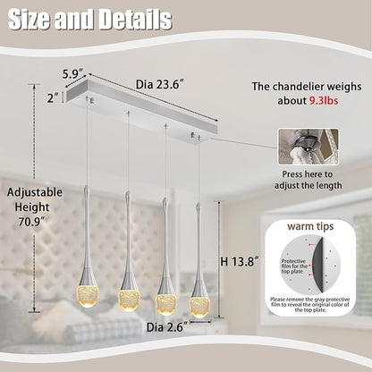Dining Room Light Fixture 4-Light Silver Kitchen Island Lighting Industrial Linear Crystal Chandeliers for Dining Room Pendant Light Fixture for Living Room Hallway Bedroom