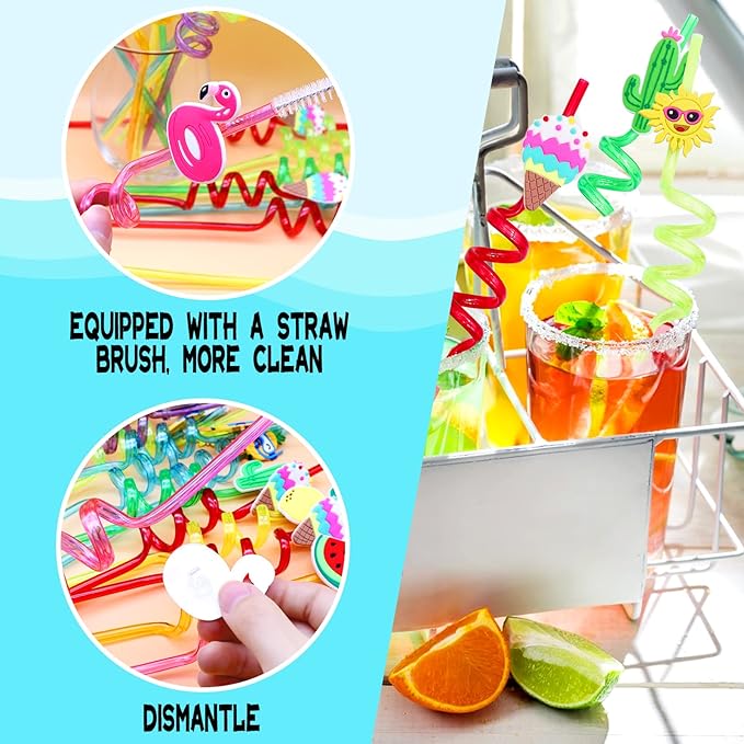 Summer Reusable Drinking Straws 24 Packs Pool Party Decorations Beach Fruit Party Favors Hawaiian Tropical Straws Goodie Bag Gifts for Birthday Party Supplies with 2 Cleaning Brushes