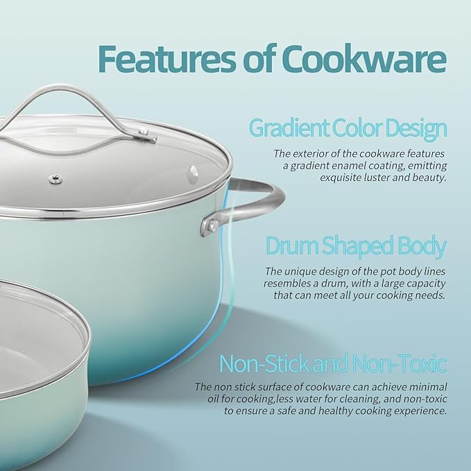 Kitchen Pots and Pans Set Non Stick, 11 Pcs Ceramic Cookware Set with Stay-Cool Handle, Pot and Pan Set NonToxic PFOA/PFAS Free, Dishwasher/Oven Safe, Evenly Heats, Enamel Exterior - Teal