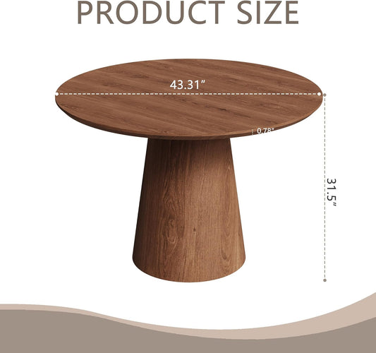 43" Round Dining Table for 4,Modern Natural Wood Dining Table with Cone Wood Pedestal Base, Retro Farmhouse Solid Wood Circle Dining Room Table for Living Room Kitchen, Dining Room(Walnut)