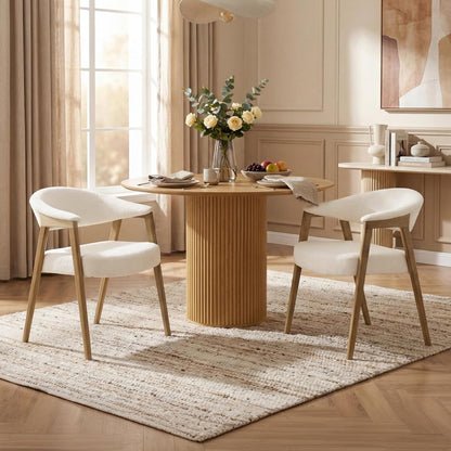 CIMOTA Upholstered Dining Chairs with Arms Set of 2, Mid Century Modern Kitchen & Dining Room Chairs, Comfortable Curved Backrest & Trapezoid Solid Wood Legs, Linen Beige
