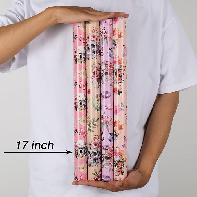 Aimyoo Gothic Wrapping Paper Rolls, 17 Inch X 16.5 Feet - 4 Rolls - Skull Floral Butterfly Design Gift Wrap Paper for Mother's Day, Birthday Bridal Shower