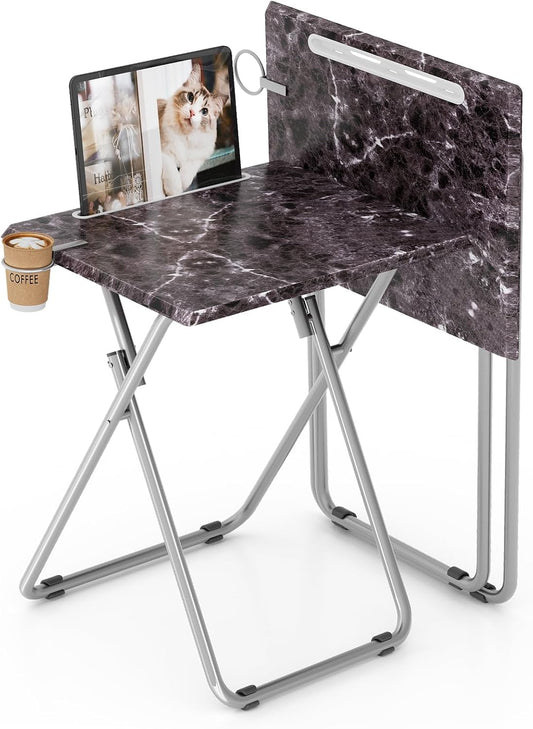 Folding TV Tray Table with Cup Holder, TV Dinner Table with Sturdy MDF Top, Eating Trays with Tablet Slot for Living Room, Bedroom, Sofa, 15 x 18.9 x 25.6 in (Black Marble, 2Pcs)