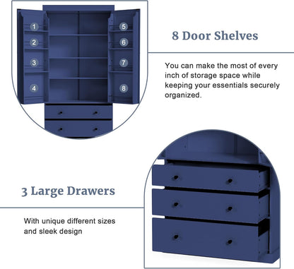Tall Kitchen Pantry Cabinet Wood Freestanding Large Cupboard with 3 Drawers, 8 Door-Shelf and Adjustable Shelves for Dining Room (Blue)