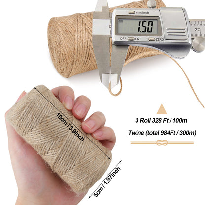 984 FT Natural Jute Twine, 3ply Thin Ribbon Hemp Twine for Gardening, Plant, Gift Wrapping, Art, Wedding Decoration, Packing, Bulk (3 Roll)