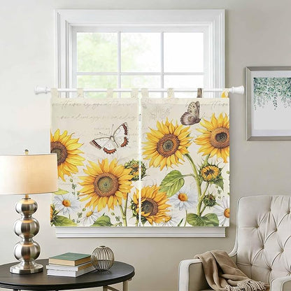 Farm Sunflowers Bedroom Curtains 63 Inch Length, Window Curtains Tab Top, Retro Flowers Butterfly Botanical Beige Light Filtering Window Treatments Drapes 42"x63" 2 Panel