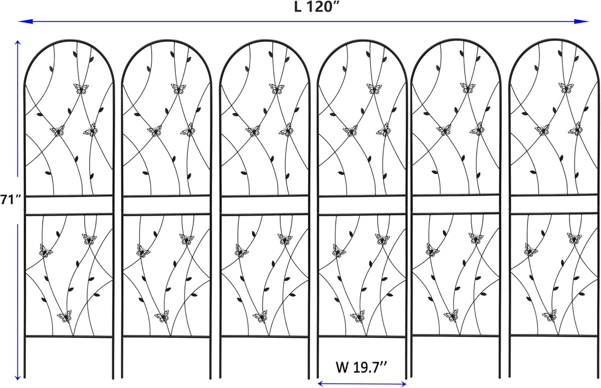 6 Pack Metal Garden Trellis 6FT Outdoor Garden Fence Rustproof Trellis for Climbing Plants Support Roses Flower Lawn Decoration, Black 71" Tall