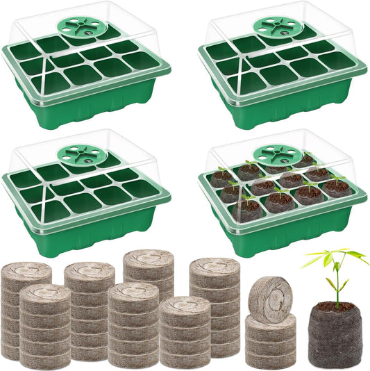 Halatool 4 Pack Seed Starter Tray with 50 PCS Peat Pellets, 48 Cells Green Seeding Starter Trays for Organic Seed Stater Soil Pods for Planting Vegetables Plants Flowers - Starting Seeds Kit