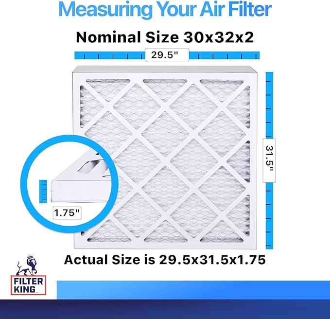 Filter King 30x32x2 Air Filter | 4-PACK | MERV 8 HVAC Pleated A/C Furnace Filters | MADE IN USA | Actual Size: 29.5 x 31.5 x 1.75"