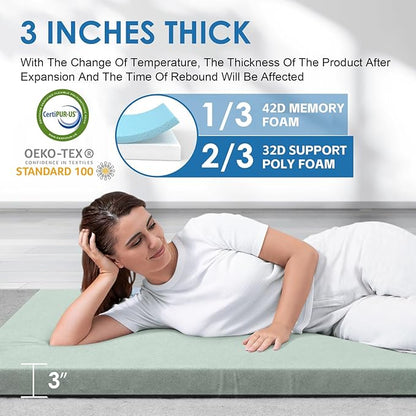KingChii CertiPUR-US Memory Foam Camping Mattress, Portable Roll Up Travel Car Camping Mattress Sleeping Pad & Floor Mattress, Cot Mattress Guest Bed for Sleepover with Waterproof Cover & Travel Bag