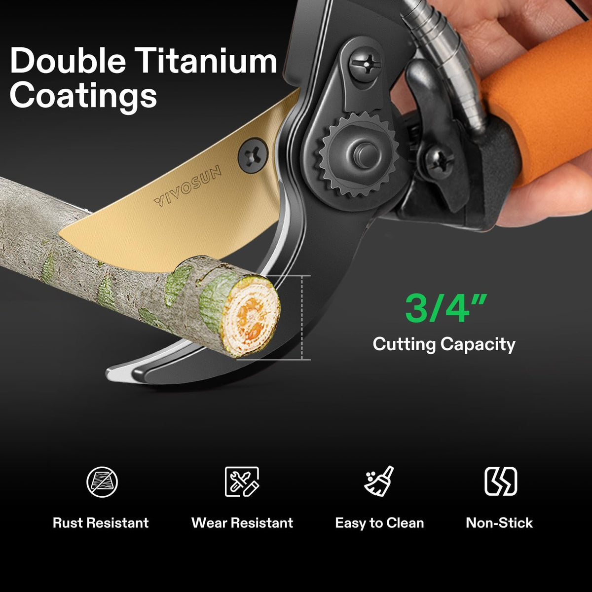 VIVOSUN 8.5" Bypass Pruning Shears for Gardening, Heavy-Duty Garden Scissors, Ultra Sharp Pruners with 3/4 in. Cut Capacity SK5 Blades, Thick Cushion-Covered Handle and Safety Lock